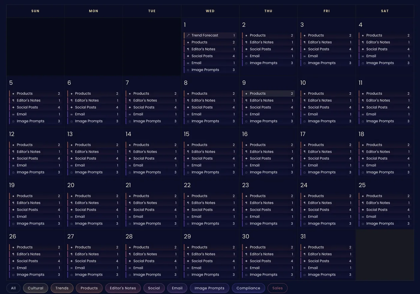 A month of scheduled content in the Morrow calendar